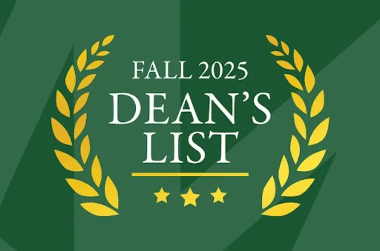 Dark green background with gold laurels and stars and the words Fall 2025 Dean's List